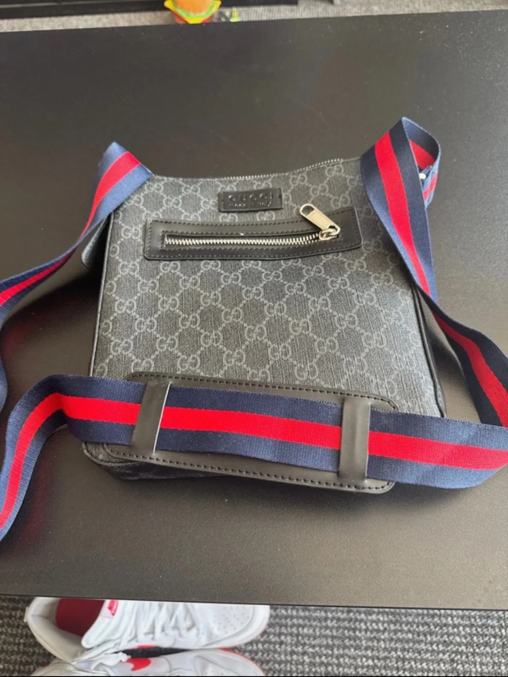 Gucci Black GG Supreme Messenger with Navy and Red Web Strap